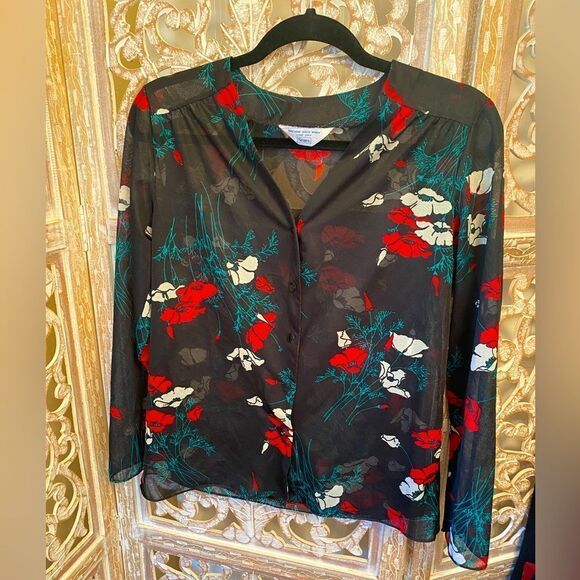 Vintage sears sheer floral polyester button up size 14 - Picture 1 of 9